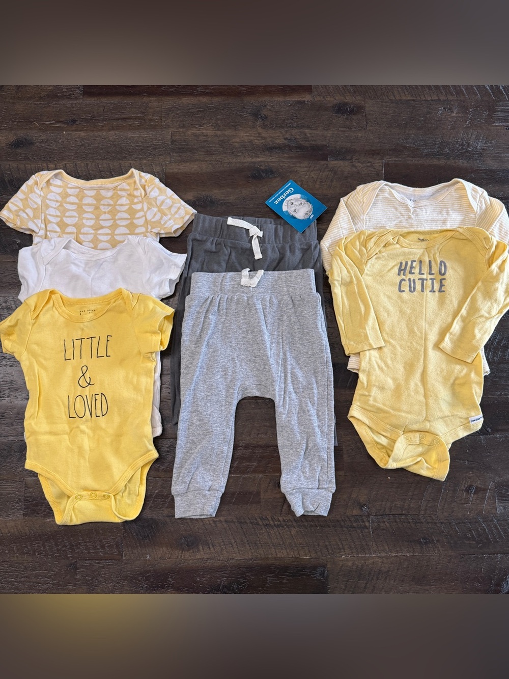 6-9m Baby Boy Yellow & Gray Bodysuit Jogger Lot | Gerber, Cloud Island, Rae Dunn